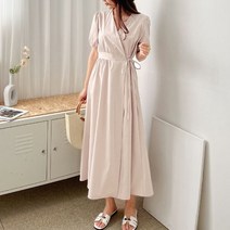 퍼니걸스 5349 데일리 반팔 퍼프 브이넥 랩 롱 원피스 여성의류