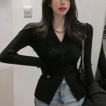 넷투넷코리아 여성 니트 티셔츠 브이넥 슬림핏 랩 트임 골지 긴팔