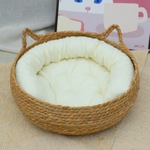 강아지 라탄 하우스 고양이 숨숨집 쇼파 대형견 텐트 바구니 급식소 펫 침대 개집 애견 동굴, 고양이귀+흰색쿠션+베개