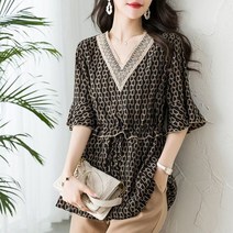 S6002 V넥레이스 고급스런 패턴 반팔 롱 블라우스