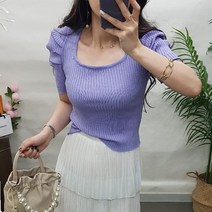 제이후 1+1 스퀘어넥 슬림 골지 세미 크롭 셔링 퍼프 반팔 티셔츠