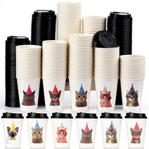 일회용 커피 컵 180세트 뚜껑 포함 355ml(12온스) 귀여운 고양이 새끼 테마 디자인 종이컵 뜨겁고 차가운 음료 생일 파티 용품 5785849932
