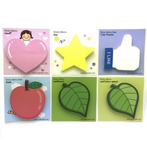 [슈퍼쌤]모양 점착 메모지(스티키노트), 6종세트(하트/별/엄지/사과/나뭇잎2종)