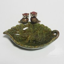 다잇홈데코 나뭇잎 두마리 부엉이 도자기 수반