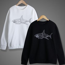 굿럭샵 그래픽 상어 무늬 포인트 흰색 검정색 맨투맨 티셔츠 루즈핏 남성 여성 공용 사이즈 편안한 요즘 스타일 룩 중학생 고등학생 대학생 10대 20대 30대 코디 캐쥬얼 긴팔티 TS24