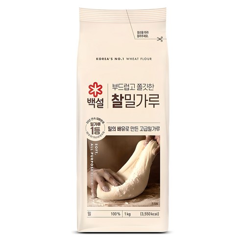 CJ 백설 찰 밀가루 1kg 식품 > 가루/조미료/향신료 가루 밀가루/부침/튀김/빵가루, 1kg, 1개