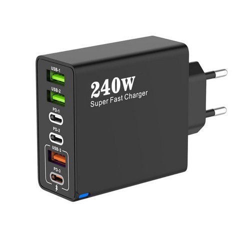 240W 접지 초고속 충전기 6포트 3USB+3PD 적용애플 아이폰 아이패드 삼성 갤럭시 픽셀 고속 전원 어댑터, 1개, 블랙