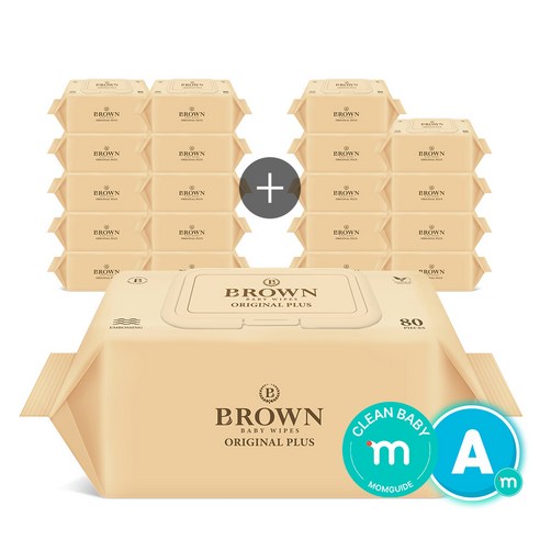 브라운 오리지널 플러스 도톰한 엠보싱 저자극 아기 물티슈 캡형, 55g, 80매, 20개