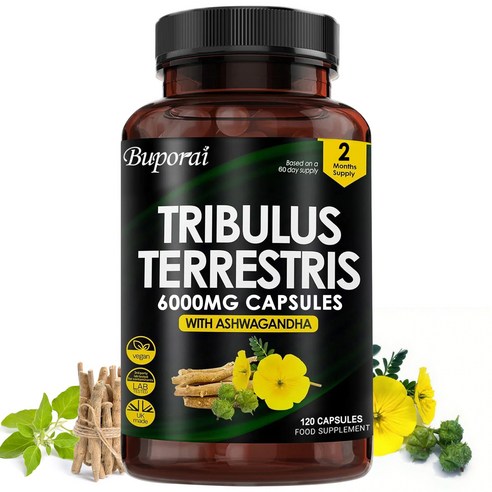 트리불루스 테레스트리스 6000mg 고강도 정제, 아슈와간다 강화 - 사포핀 95% 함유 - 트리불루스 테레스트리스 정제 120정