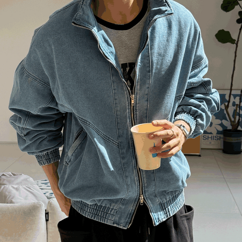 L-2XL 하이넥 절개 집업 데님자켓 남자빅사이즈 스트릿아웃웨어 아우터