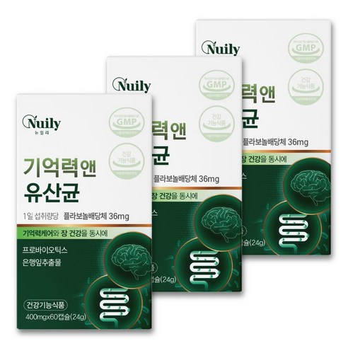 뉴일리 기억력 앤 유산균 은행잎 추출물 400mg 기억력 장 케어 프로바이오틱스 혈행 기억력 개선, 3개, 60정