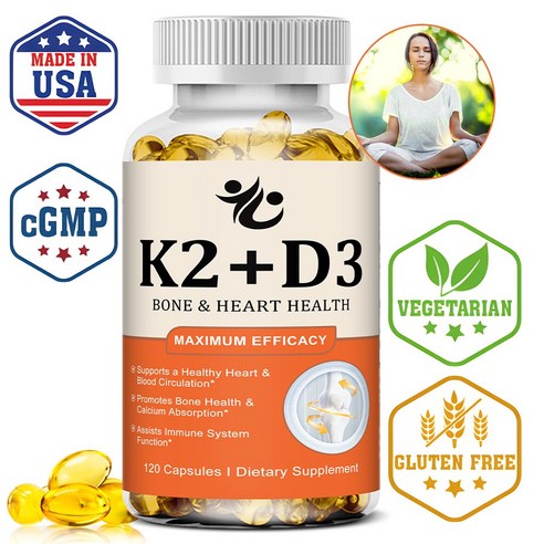 D3 + K2 비타민 식이보충제 - 뼈와 심장 건강 지원 - 비타민 K2 100mg 과 비타민 D3 5000IU - 120캡슐, 3개, 120회분