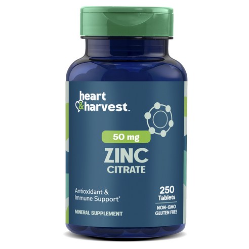 Heart & Harvest 50mg 아연 시트레이트 타블렛, 1개, 250정