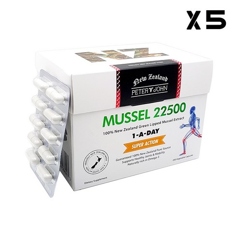 뉴질랜드 피터앤존 Peter&John mussel 뉴질랜드 초록입홍합 추출물 22500, 5개, 200정