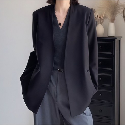 모몰라티 여성 봄 가을 심플 코디 루즈핏 단추 없음 긴팔 미디엄 정장 코트