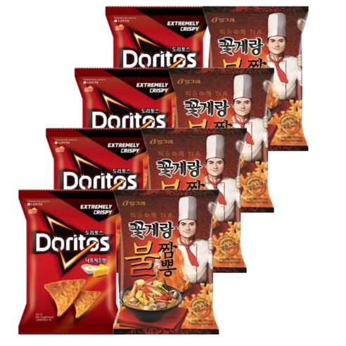 롯데 크라운 과자세트 도리토스 나쵸치즈 84gx4P+꽃게랑 불짬뽕 70gx4P (총8P), 1세트, 616g