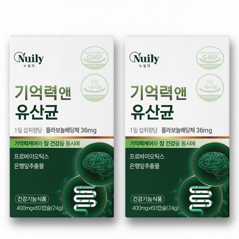 뉴일리 기억력 앤 유산균 400mg 은행잎 추출물 프로바이오틱스 폴라보놀 두뇌 장케어 기억력 혈행 개선, 2개, 60정
