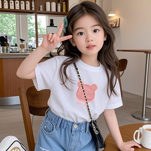 ZPEIZ 여름 여아 반팔티 아동 순면 반팔 티셔츠 곰머리 프린트 상의 루즈핏 옷 초등여아반팔티