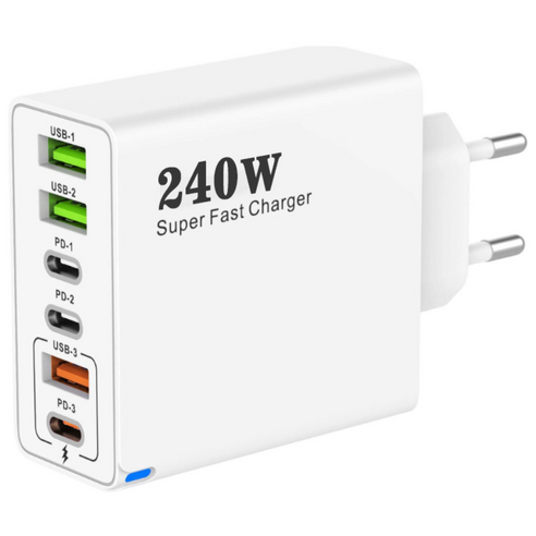 240W 접지 초고속 충전기 6포트 3USB+3PD 적용애플 아이폰 아이패드 삼성 갤럭시 픽셀 고속 전원 어댑터, 1개, 흰색