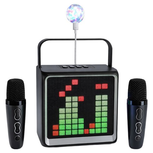 [고출력] 머레이 가정용 노래방 기계 휴대용 블루투스 스피커 듀얼 마이크 기기 세트 led 미러볼, 블랙 + 미러볼 1개