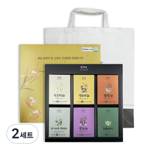 [본사직영] 다예 100%국산 꽃잎차 6종 티백 선물 세트+쇼핑백 (30티백) 국화꽃차+감잎차+헛개나무열매차+녹차세작+민들레차+뽕잎차, 6종, 2세트