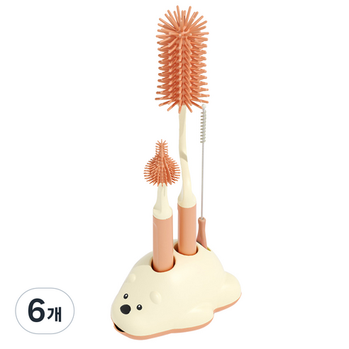 다나몰 회전형 젖병솔 + 젖꼭지솔 + 빨대솔 3종 + 거치대, 핑크, 6개