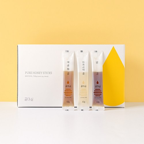 꿀마실 국산 천연 꿀스틱 12g 3종혼합 60포 선물세트 쇼핑백포함 데일리 대용량, 60개