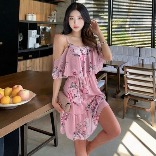 쁘띠엘라 휴양지원피스 체형커버 쉬폰 미니 드레스 리조트룩