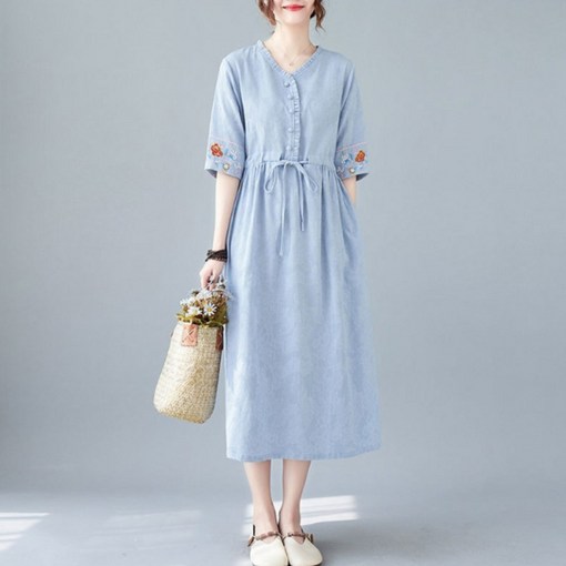 여름 에스닉 면 마 원피스 여 고급 허리 조임 루즈핏 날씬해 보이는 기질 린넨 스커트 개량 한복 일상복 나들이룩