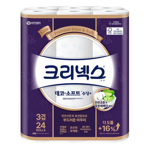 크리넥스 데코 앤 소프트 수딩플러스 천연펄프 3겹 고급롤화장지