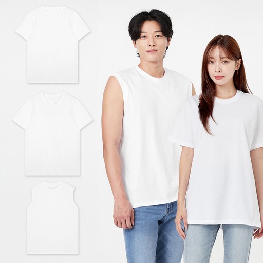 베이스알파에센셜 통기성 순면 티셔츠 멀티팩 3종 세트 (크루넥 반팔 브이넥 반팔티 민소매)