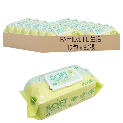 FAmILyLIFE 生活 特厚抗菌超柔細濕巾, 50gsm, 1入, 12包