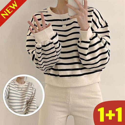 대박난 11 여성 스트라이프 세미크롭 특양면 맨투맨 긴팔 티 봄 가을 겨울 빅사이즈 추천 기모 오버핏 크롭 이너 코디 간절기 학생 복 디자인 줄무늬 베이직 배색 여자 티셔츠