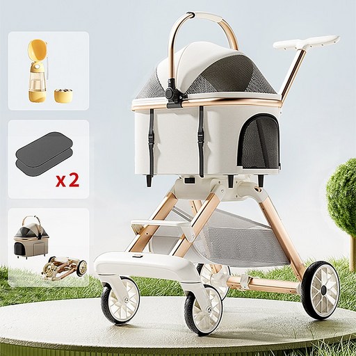 랜드샵 강아지 야외 초경량 유모차 원터치 접이식 휴대용 카트 물병 증정, 화이트