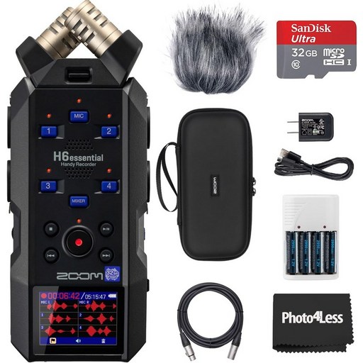 Zoom H6essential 핸디 레코더 액세서리 팩 번들 어댑터 포함 32GB 마이크로 SD 카드 XLR 케이블 2개 AA 배터리 및 충전기 4개 청소용 천