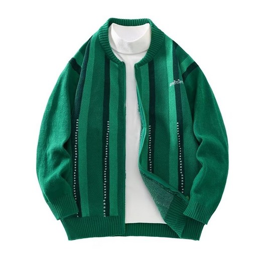 미국식 배색 스트라이프 오픈 카라 코트 스웨터 남성 가을 겨울 신상 트렌디 루즈핏 지퍼 니트 코트