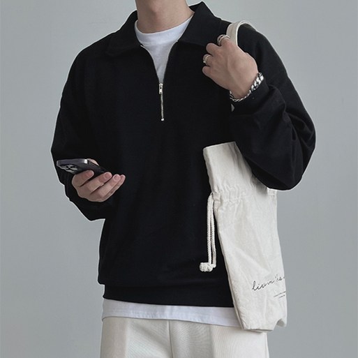 룩샵 남자 남성 데일리 오버핏 무지 카라 특양면 반집업 맨투맨