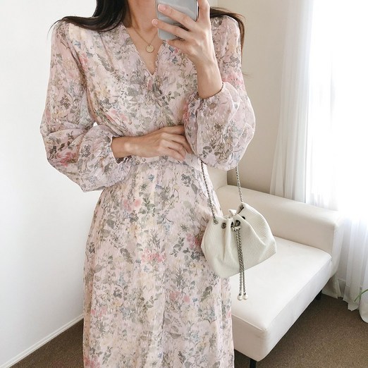 요시아나 당일발송 두블레 플라워 브이넥 쉬폰 뒤허리끈 롱원피스 3컬러