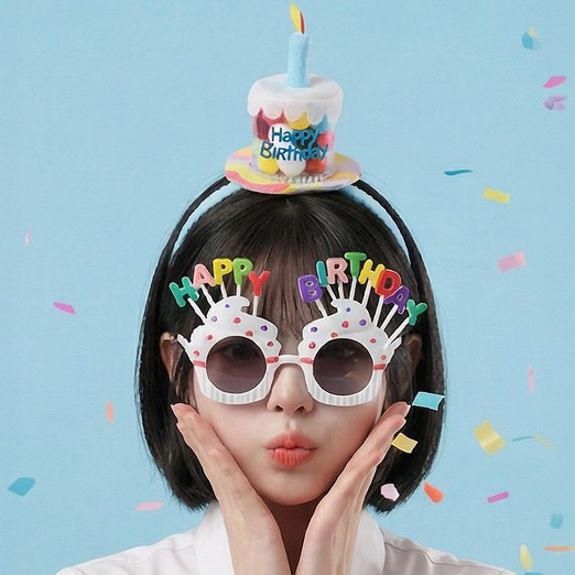 키치셀럽 인생샷 생일파티 꼬깔 왕관 머리띠 킹받는 파티선글라스 생일축하 세트, 1세트, 컵케이크스카이