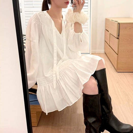 라라홀리 하이디 브이넥 리본끈 빈티지 루즈 플레어 원피스