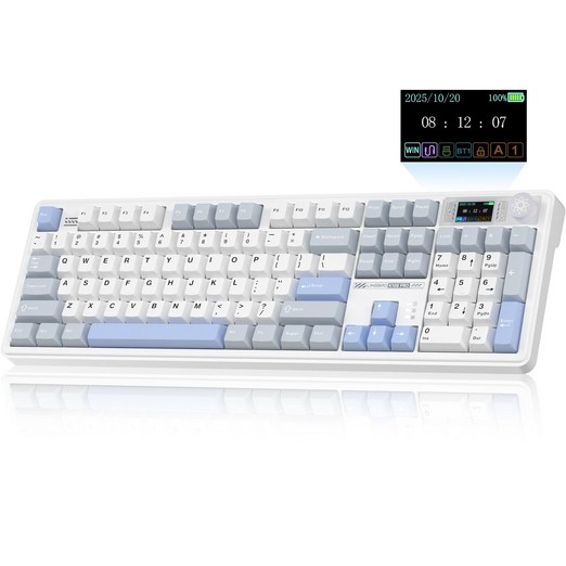 LINGBAO K108Pro LCD 블루투스 게이밍 기계식 키보드 한글, 풀배열 108키, Grey Blue