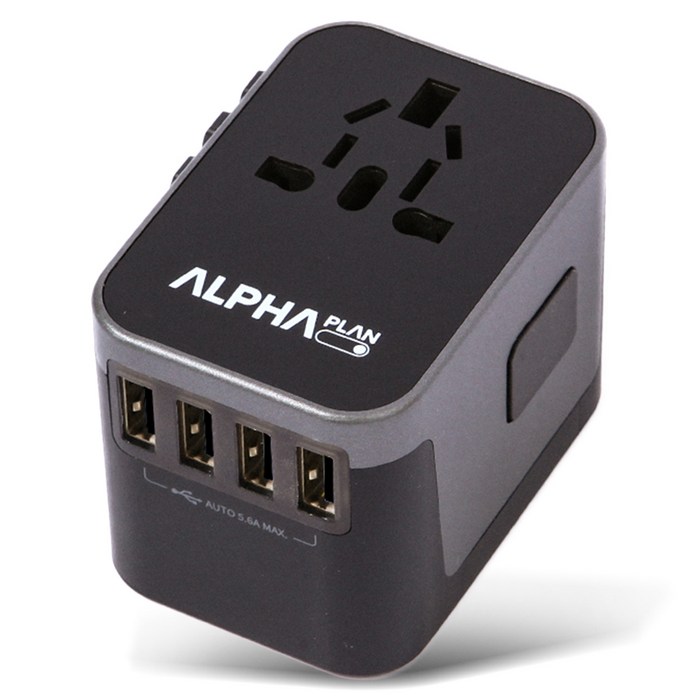 알파플랜 USB 4포트 C타입 1포트 올인원 해외 여행용 멀티 어댑터 블랙  그레이 JY305B, 1개
