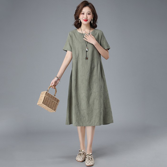 POMTOR 여성 라운드넥 Zacar 반팔 면마 자카르 린넨 롱 원피스 POMTOR 여성 라운드넥 Zacar 반팔 면마 자카르 린넨 롱 원피스
