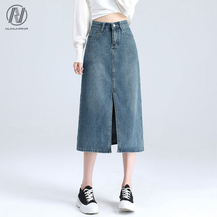 NUNUHANA 캐주얼 밑단컷팅 여성 롱 데님 스커트 W50 NUNUHANA 캐주얼 밑단컷팅 여성 롱 데님 스커트 W50
