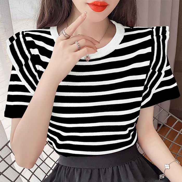 Ogfaour 여름 여자 프릴 스트라이프 반팔 티셔츠 O30563