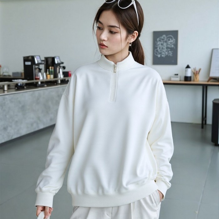 포뚱핏 여성용 루즈핏 하프지퍼 스탠드칼라 맨투맨 가을겨울 데일리룩 편안한 무지티