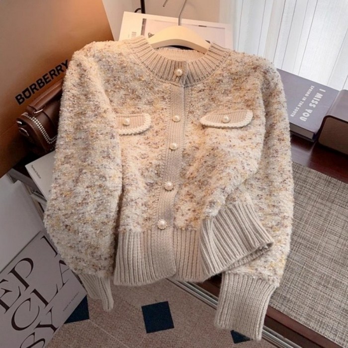 아이엠몽 여성 배색 포켓 트위드 니트 가디건