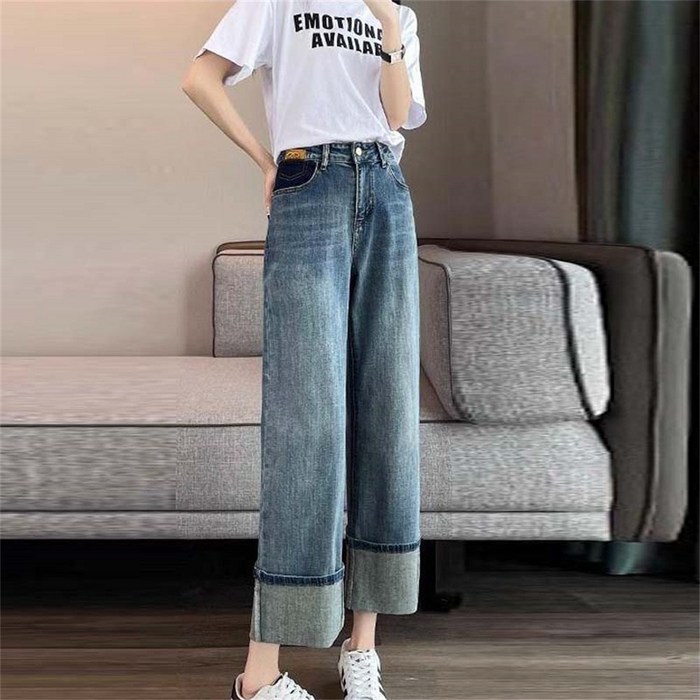 besteffie 여성용 데님 통바지 롤업 디자인 패션 캐주얼 청바지 일자핏 와이드 간편한 봄가을 데일리 청바지 K92
