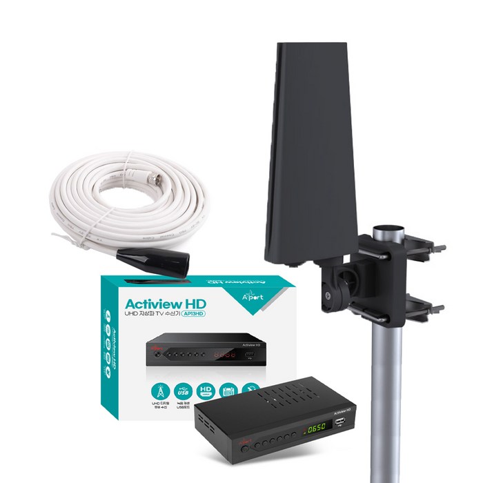 UHD 지상파 TV 안테나 셋톱박스 수신기세트 1.510M 케이블 포함 차량용 가정용 캠핑용 농막용, AP13HD03가변형 블랙, 1개