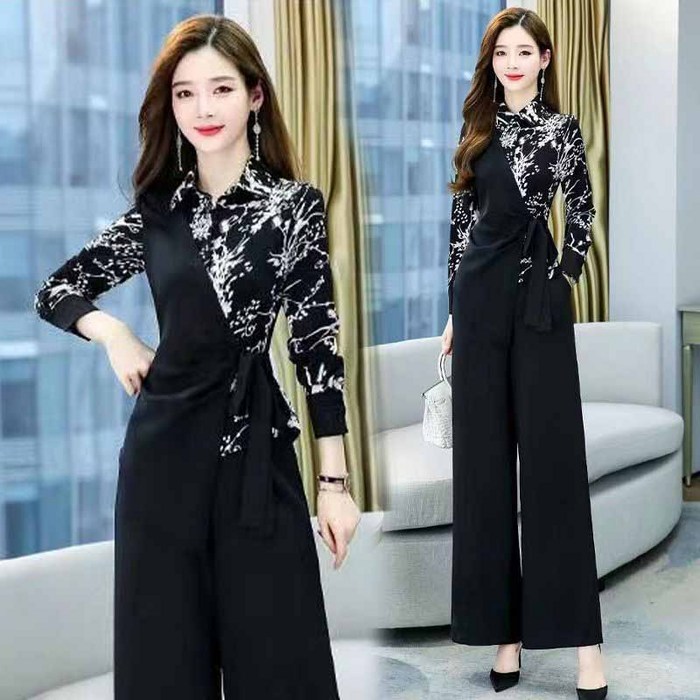 AOKADA 여성 언발 카라 셔츠 와이드 팬츠 오피스룩 하객룩 투피스 정장 세트 가을 슈트 셋업